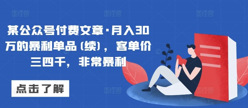 某公众号付费文章·月入30万的暴利单品(续)，客单价三四千，非常暴利-新星起源