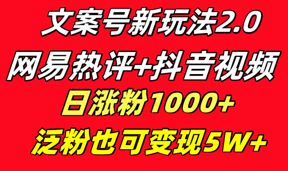 （8484期）文案号新玩法 网易热评+抖音文案 一天涨粉1000+ 多种变现模式 泛粉也可变现-新星起源